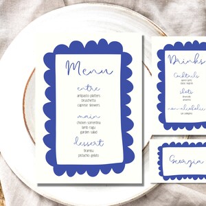 Wavy Colourful Menu and Place Card Template in Blue | Scalloped Border | Trendy Design | Editable with Instant Download