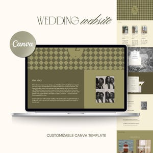 May include: A laptop displays a wedding website template with a checkered pattern in shades of olive green and cream. The words "WEDDING website" are at the top. The template includes sections for "Our story" and "Events". The Canva logo is visible.