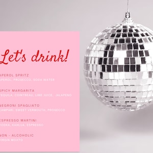 Plantilla de menú de alimentos y bebidas en rosa y rojo / Menús de despedida de soltera y despedida de soltera / Diseño minimalista de moda / Editable con descarga instantánea