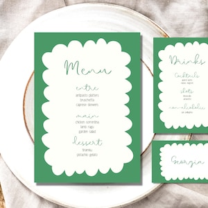 Wavy Colourful Menu and Place Card Template in Pink & Red | Scalloped Border | Trendy Design | Editable with Instant Download