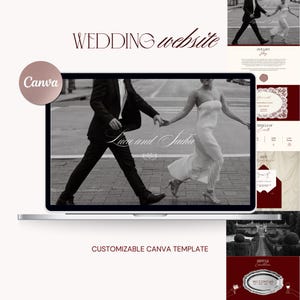 Könnte beinhalten: Ein Laptop zeigt eine Hochzeitswebsite-Vorlage mit einem Schwarz-Weiß-Foto eines Paares, das sich an den Händen hält. Die Wörter "WEDDING website" und "Luca and Sacha" sind sichtbar. Das Canva-Logo und der Text "CUSTOMIZABLE CANVA TEMPLATE" sind ebenfalls vorhanden.