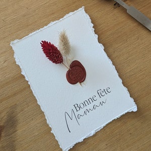 Carte fête des mères fleurie "Bonne fête maman" avec fleurs séchées et cachet de cire - Carte de voeux