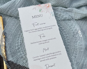 Floral Wedding Menu in Cotton Paper with Torn Edges