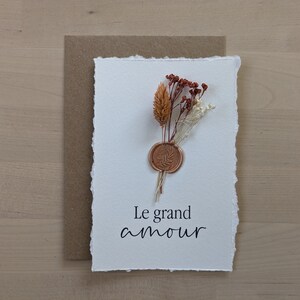 Bloemenwenskaart "Le Grand amour met droogbloemen en lakzegel - Wenskaart - woord van liefde kaart - decoratieve kaart