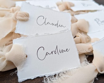 Wedding place markers with chiffon ribbon - Torn cotton paper - Chic and elegant wedding - // Wedding Name cards