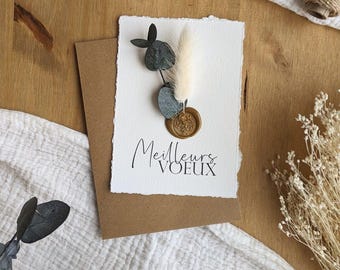 Cartão de Natal feito à mão com flores secas e selo de cera - "Felicidades"