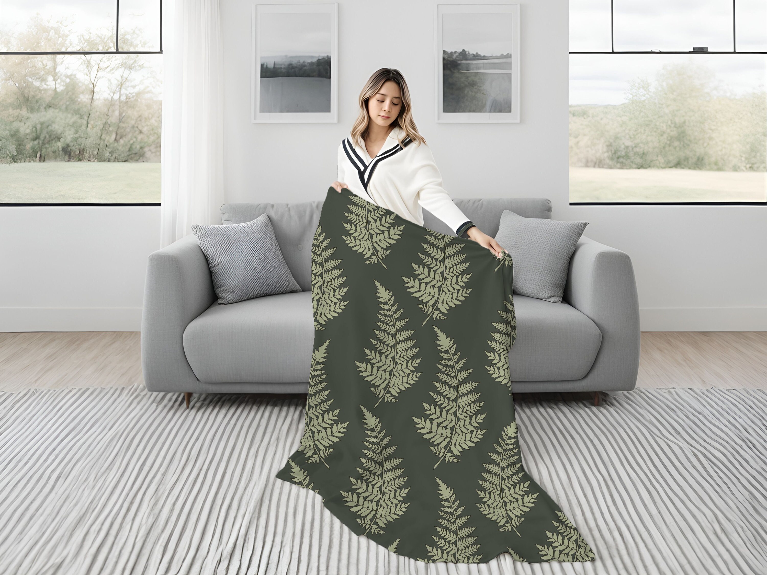 Sage Green Blanket, Green Home Decor, Leaf Blanket, Lightweight Blanket ...