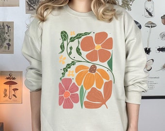 Floral Boho Sweatshirt, Wildblumen Sweatshirt, Art-Deco-Sweatshirt, Trendy Rundhalsausschnitt, Übergroße Sweatshirt Geschenk, Geschenk für Mama, Blume Boho