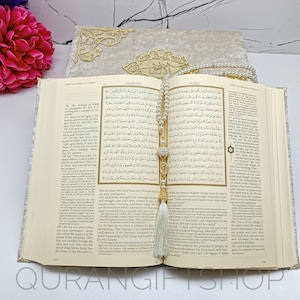 Quran with English, Custom name Quran with velvet box and tasbih set, Muslim gift set, Handmade Velvet Cover Quran, Lux English Arabic Quran
