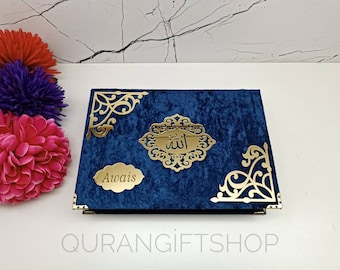 Holy Quran Velvet Cover, Personalized Quran with velvet box and tasbih set,  Muslim set, Islamic Wedding Gift, English, Deutscher, Arabic.
