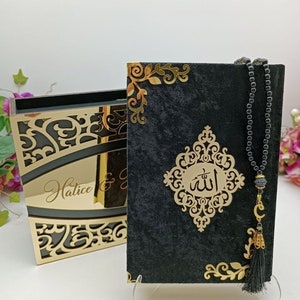 Personalized Quran, Black Quran Set with Gold mirror decoration, Free Quran for muslim, Handmade Velvet Quran, Islamic Wedding, Lux Quran