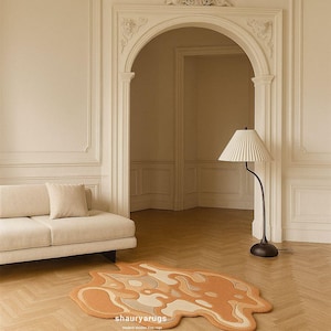 Abstract Flame Shape Rug | Modern Hand-Tufted Wool Carpet in Burnt Orange & Beige | Irregular Artistic Area Rug for Living Room Decor