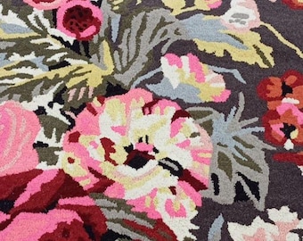 Hand -Tufted Floral Wool Rug Olive-Green, Botanical Pink Rose, Vintage Style Area Rug
