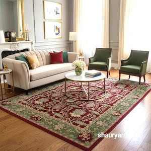 Alfombra de lana tejida a mano, alfombra floral tradicional, alfombra botánica estilo Pottery Barn, decoración para sala de estar en rojo y verde, alfombra de tamaño personalizado.