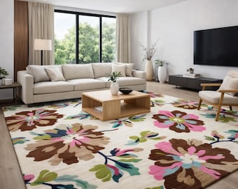 Modern Floral Wool Rug 8x10, Hand-Tufted Cream Pink Brown Green soft Area Rug decor