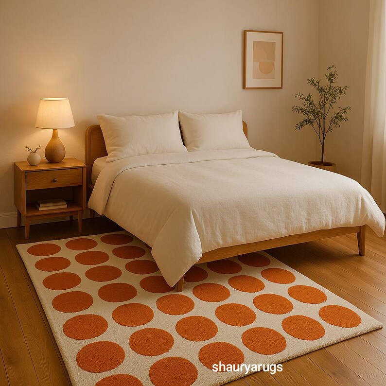 Orange Polka Dot Area Rug – Hand-Tufted Modern Wool Carpet | Mid-Century Dining Room Rug | Playful Retro Floor Decor | Shaurya Rugs