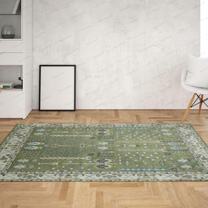 Green Oushak Wool Rug – Hand Knotted Turkish Carpet, Vintage Style Area Rug for Living Room or Bedroom, Boho Traditional  custom Floor Decor