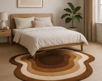 Hand-Tufted Wool Wavy Area Rug: Brown Cream Abstract Design