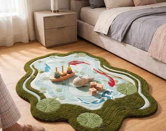 Handmade Koi Fish Pond Rug, Japandi Organic Shape Wool, Moss Green Living Room Decor