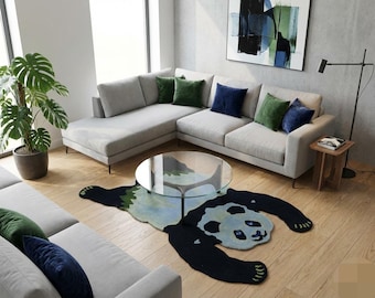 Tapis panda noir et blanc pour chambre d'enfant, tapis en laine tufté main en forme d'animal