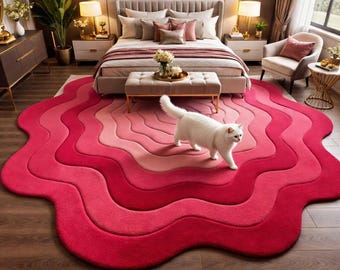 Tapis en laine touffeté main : rose abstrait rose, motif ondulé moderne