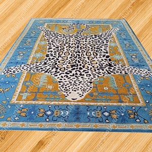 Octavia Leopard Blue Hand-Tufted Wool Rug: Embrace the Wild (Custom Sizes, Runners) Cozy & Wild for Any Room  Rug in 4x6 , 5x8, 6x9 ,8x10.