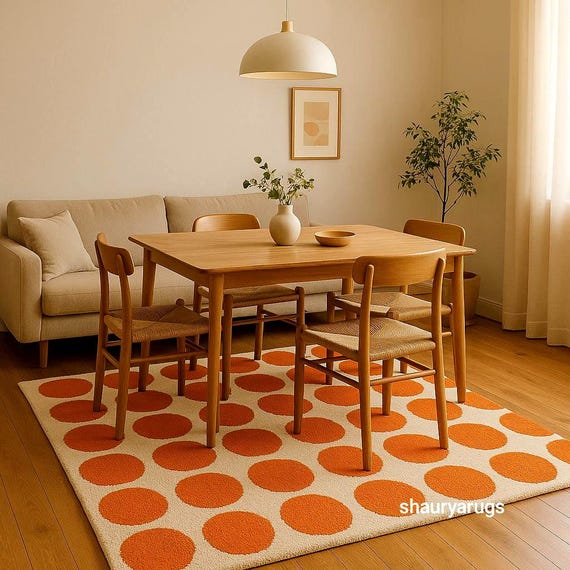 Hand-Tufted Wool Area Rug: Orange Polka Dot, Mid-Century Modern carpet