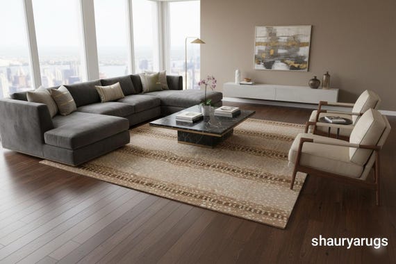 Beige Brown Wool Area Rug- Hand Tufted Modern Minimalist Neutral Living Room Carpet