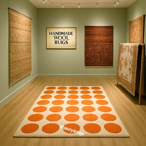 Orange Polka Dot Area Rug – Hand-Tufted Modern Wool Carpet | Mid-Century Dining Room Rug | Playful Retro Floor Decor | Shaurya Rugs