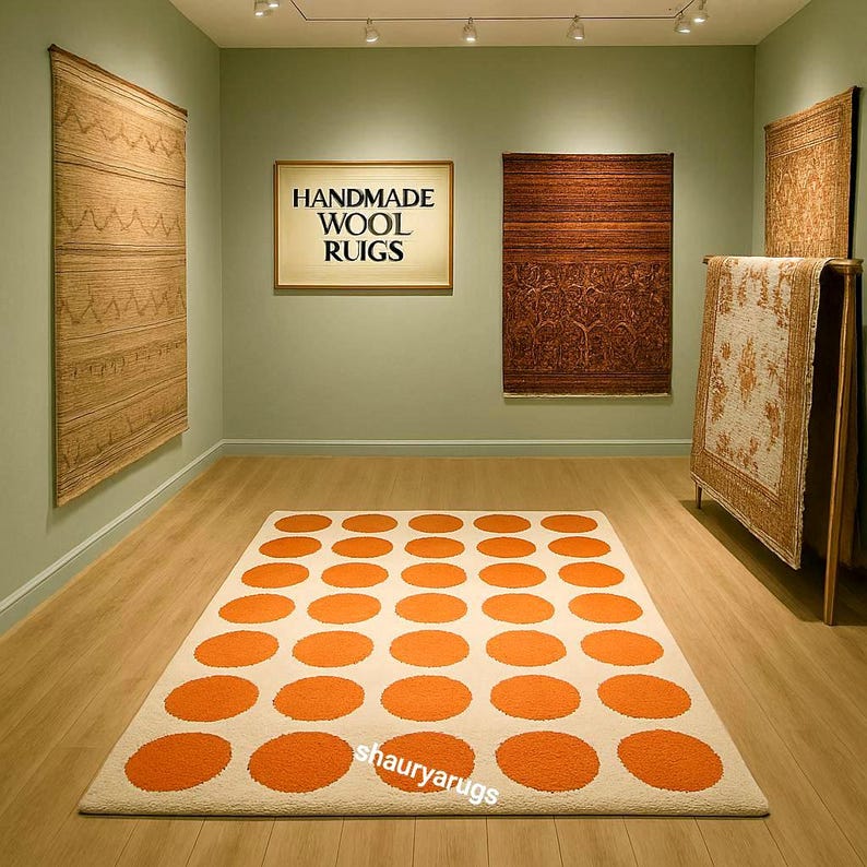 Orange Polka Dot Area Rug – Hand-Tufted Modern Wool Carpet | Mid-Century Dining Room Rug | Playful Retro Floor Decor | Shaurya Rugs