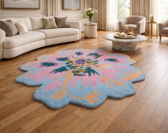Tapis en laine fait main : forme de fleur, couleurs abstraites - doux et pelucheux