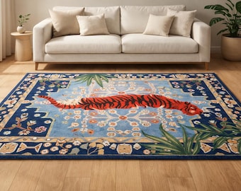 Tapis en laine capitonné à la main Tigre du Bengale, tapis bleu de style persan, salon à imprimé animal