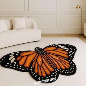 Butterfly Shaped Rug – Monarch Orange Black Wool Rug – Handmade Animal Area Carpet – Kids Room, Living Room or Boho Decor Accent Rug