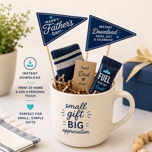 May include: A speckled cream mug with the text small gift BIG appreciation, filled with brown paper shreds, a navy sock with grey stripes, a brown tag reading best Dad ever, and a navy snack packet labeled FUEL YOUR DAY Dad.