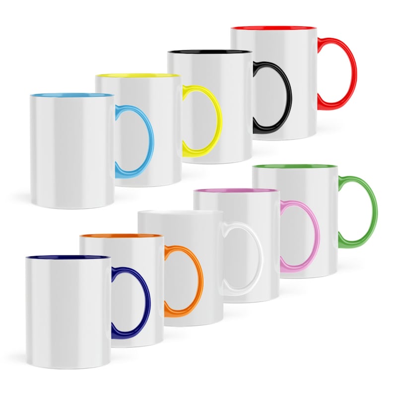 May include: A set of ten white ceramic mugs with colored rims and handles. The mugs are arranged in a row, with the handles facing the viewer. The colors of the rims and handles are red, black, yellow, blue, green, pink, orange, navy blue, and light blue.