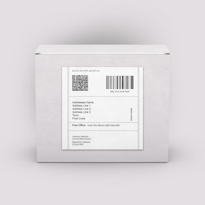 May include: A white shipping label with a barcode and QR code. The label includes the text "GA-012 345 6789-24A 24F 24C", "#AA 1234 5678 SAAR", "Addressee Name", "Address Line 1", "Address Line 2", "Address Line 3", "Town", "Post Code", "Post Office - scan the above right barcode", "Customer reference 12345678901234567", and "Department reference 1234567890".