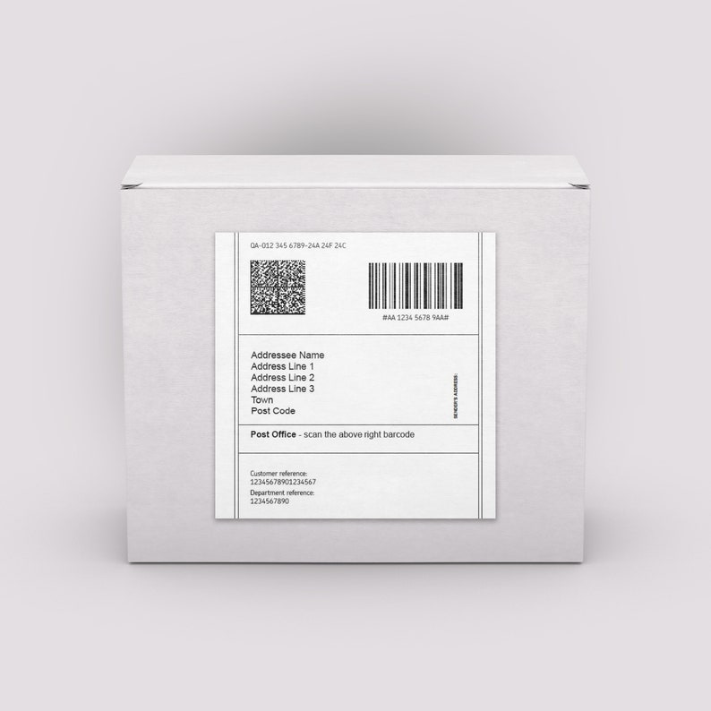 May include: A white shipping label with a barcode and QR code. The label includes the text "GA-012 345 6789-24A 24F 24C", "#AA 1234 5678 SAAR", "Addressee Name", "Address Line 1", "Address Line 2", "Address Line 3", "Town", "Post Code", "Post Office - scan the above right barcode", "Customer reference 12345678901234567", and "Department reference 1234567890".