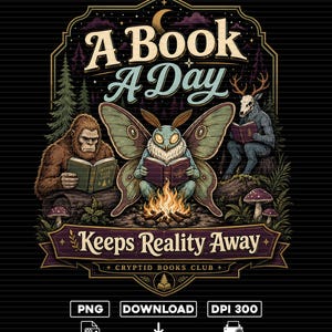 Può includere: Un'illustrazione grafica con una falena, un sasquatch e un jackalope che leggono libri attorno a un falò. Il testo recita A Book A Day Keeps Reality Away e Cryptid Books Club, con pini, funghi e una luna crescente nel disegno.