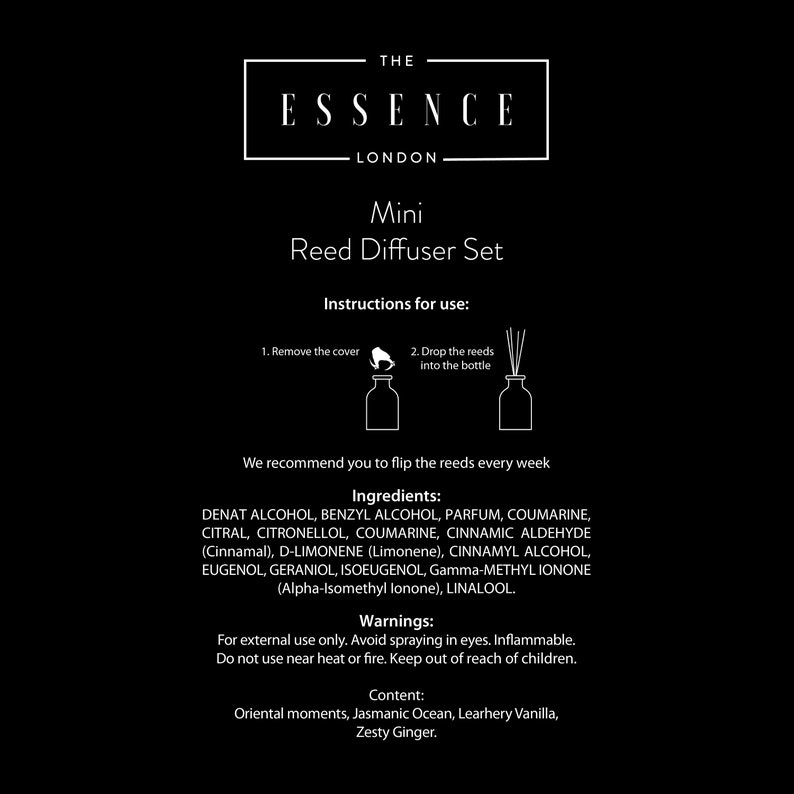May include: Black background with white text and illustrations for a Mini Reed Diffuser Set. The text includes the brand name, product name, instructions, ingredients, warnings, and content details. The set includes a bottle and reeds.