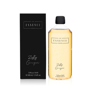 May include: A clear glass diffuser refill bottle with a black cap and a black box. The bottle and box both have the text "The Essence London" and "Zesty Ginger". The bottle contains 500 ml / 17.6 fl. oz. of liquid.