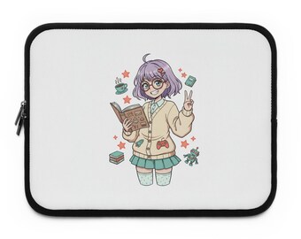 Cute Purple-Haired Bookish Girl Laptop Sleeve | Anime Schoolgirl Illustration