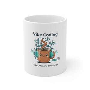 Può includere: Tazza in ceramica bianca con la scritta "Vibe Coding" e una tazza di caffè dei cartoni animati con le cuffie. La tazza presenta anche la scritta "Code, Coffee, and Good Energy" e una barra di avanzamento al 75%.