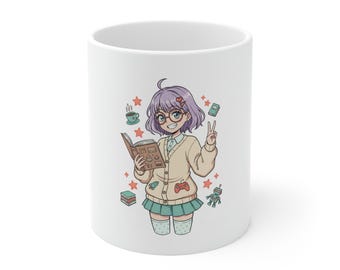 Cute Purple-Haired Bookworm Girl Mug | Ceramic Coffee Cup