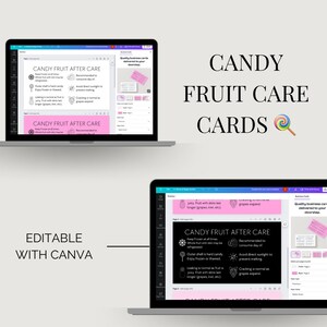 May include: Editable Canva template for candy fruit care cards. The cards are pink and white with black text. The text on the cards reads "Candy Fruit After Care" and includes instructions for storing and consuming candy fruit. The template also includes a business card design.