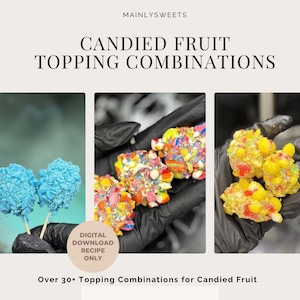 Op de afbeelding: Afbeelding met combinaties van gekonfijte fruit toppings. De afbeelding toont drie verschillende arrangementen van gekonfijt fruit: blauw, veelkleurig en geel. Tekst op de afbeelding luidt "CANDIED FRUIT TOPPING COMBINATIONS" en "DIGITAL DOWNLOAD RECIPE ONLY".