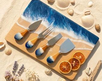 Ocean Cutting Board, Resin Wood Charcuterie Board Set With Knives, Epoxy Art Cheese Board, handmade Wood Serving Tray, Best Fathers Day Gift