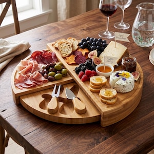 Könnte beinhalten: Ein kreisförmiges Holz-Charcuterie-Brett mit verschiedenen Lebensmitteln: Aufschnitt, Oliven, Trauben, Käse und Cracker. Das Brett hat separate Abschnitte. Kleine Fähnchen kennzeichnen Käse und Honig. Ein Messer und eine Gabel sind enthalten.