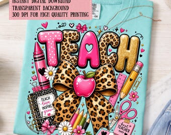 Teacher Bow PNG, Leopard Print Teacher Shirt Design, Cute Teacher Appreciation Gift, School Supplies Sublimation, Educator Digital Download