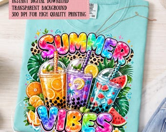 Summer Vibes PNG, Colorful Bubble Tea Tropical Drink Design, Cute Fruit Shirt PNG, Summer Sublimation Design, Digital Download