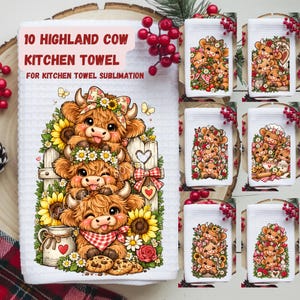 Könnte beinhalten: Ein weißes Küchentuch mit Waffelstruktur und einem Sublimationsdruck von drei gestapelten Highland-Rindern mit Sonnenblumen, Gänseblümchen und einem rot karierten Schal. Der Text lautet 10 HIGHLAND COW KITCHEN TOWEL.